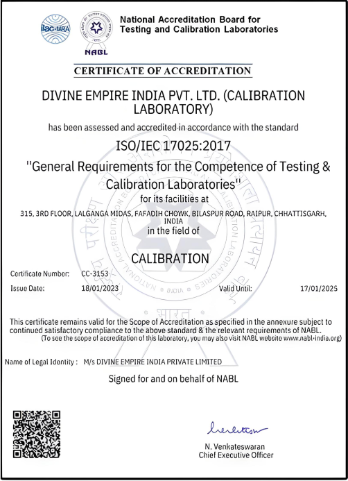 NABL Accredieted Certification of Divine Empire Pvt. Ltd. For Lab Equipment Calibration